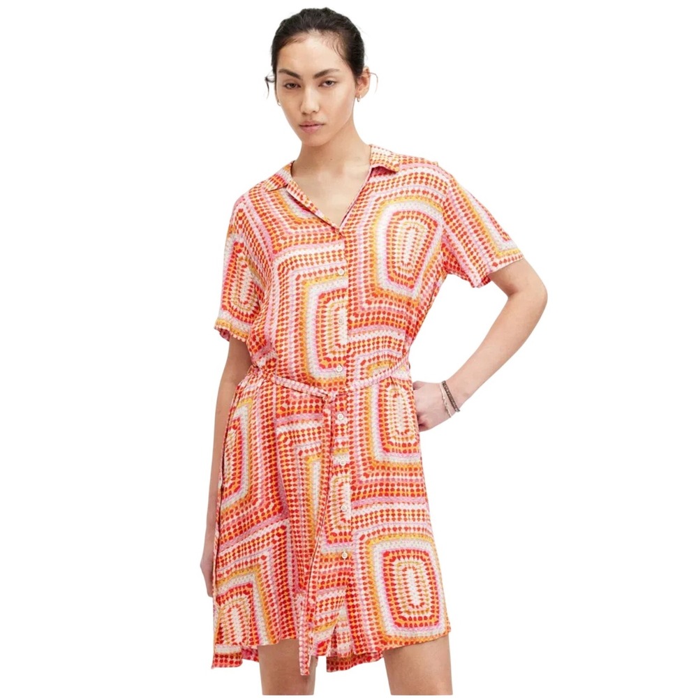 ALLSAINTS Athea Luisa Dress UK 12 US 8 Pink Orange Geometric Print Shirt Dress